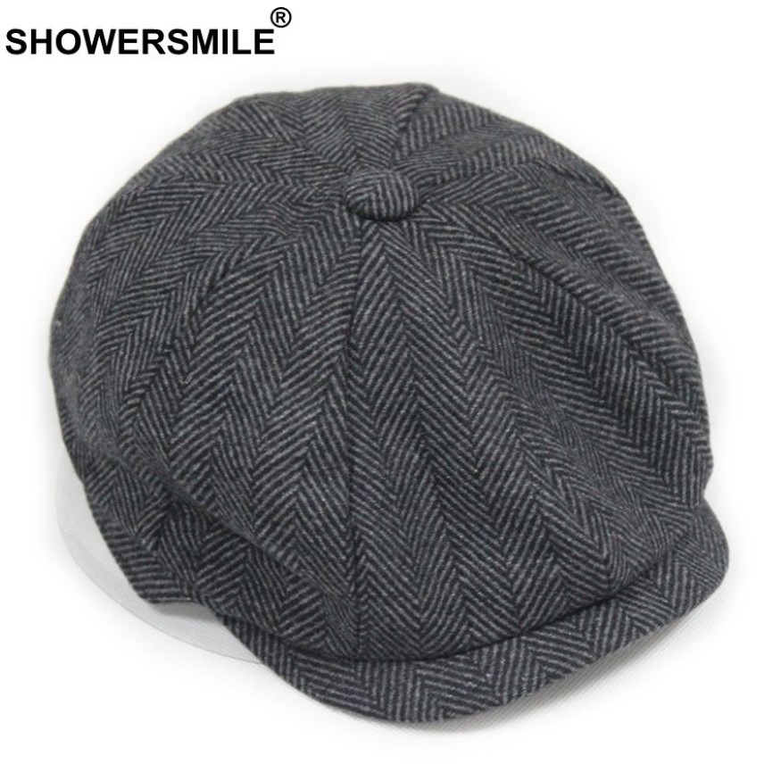 SHOWERSMILE Black Grey Wool Hat Man Newsboy Caps Herringbone Tweed Warm Winter Octagonal Hat Male Female Gatsby Retro Flat Caps S1264l