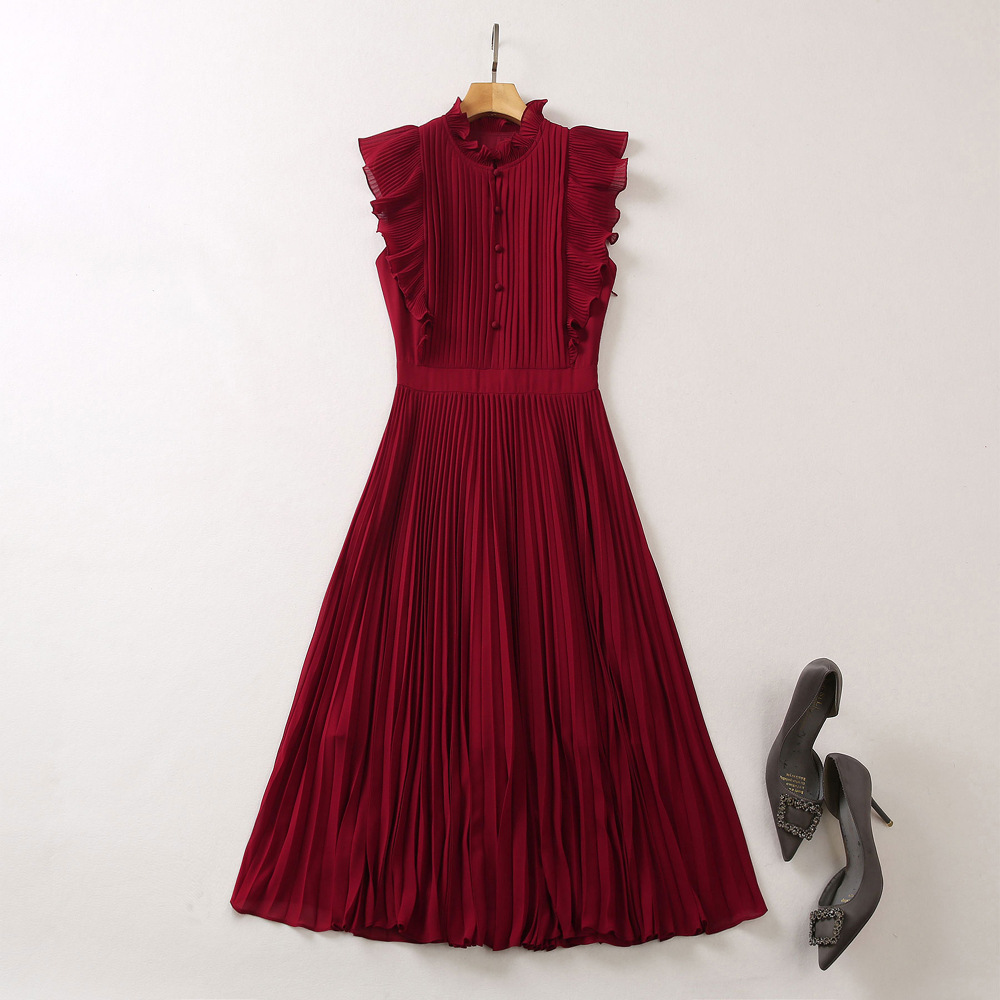 2024 Summer Pleated Women's Dress Stand Collar Striped Zipper Sleeveless Woman's Casual Long Dresses AS067