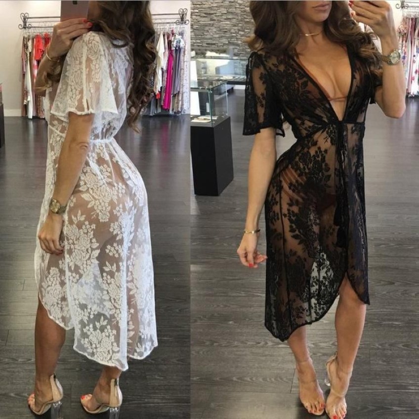 Été Femmes Beach Wear Cover Up Robe Longue Sexy Cardigan Brésilien Dentelle Creux Bikini Blouse Maillots De Bain Tunique De Mode Sarongs2072