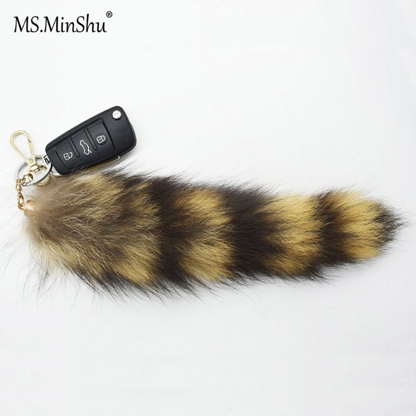 Natural Raccoon Fur Tail Keychain America Raccoon Fur Tail Natural Color Fullly Pompom Keychain Bag Charm Fox Fur Tail charm291O