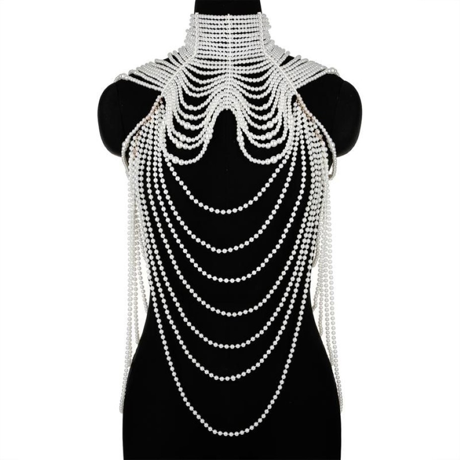 Neck Ties 449B Women Multi Layered Simulated Pearl Bib Necklace Collar Beaded Tassel Faux Leather Shoulder Chain Bra Top Body Jewe233r