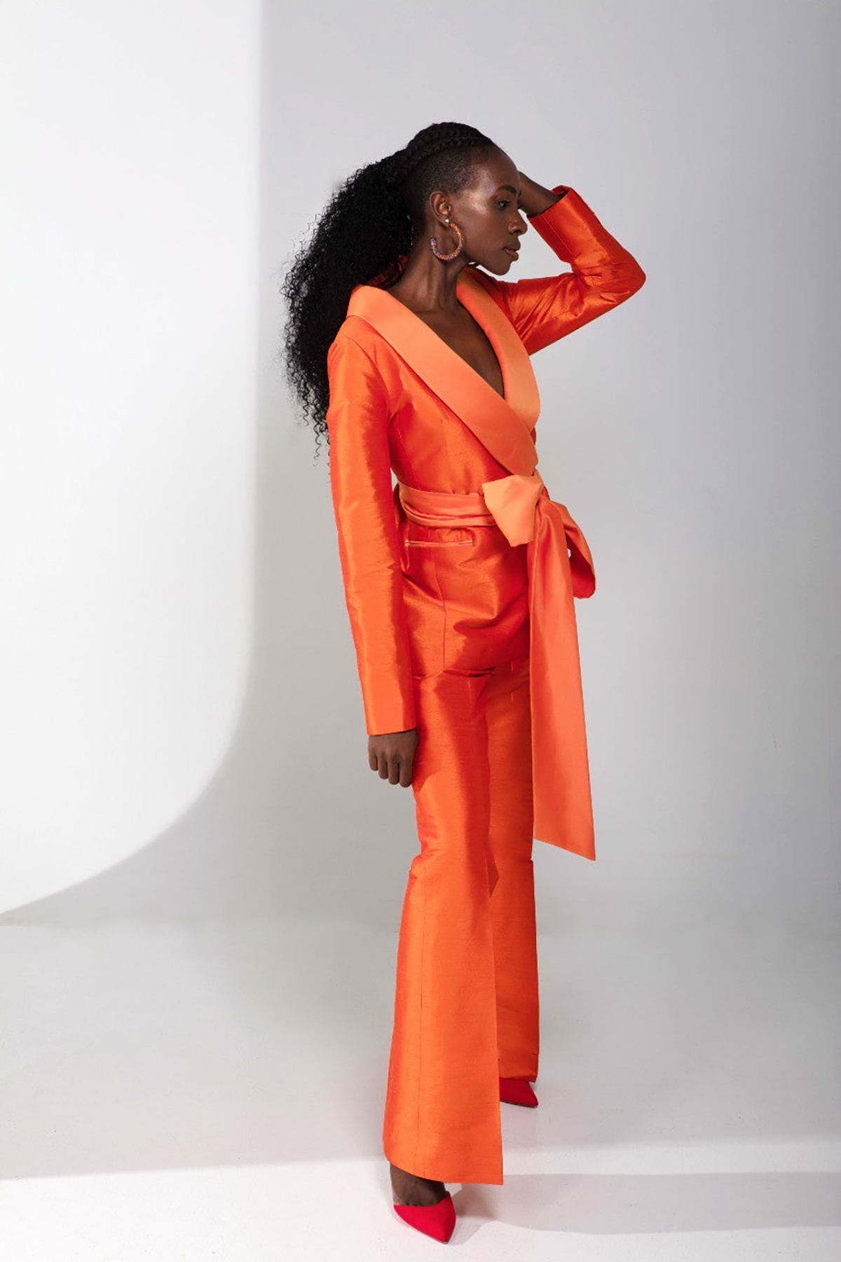 Bright Orange Women Pants Suits Summer Fashion Show Ladies Blazer Jacket Guest Wear With Sashes 