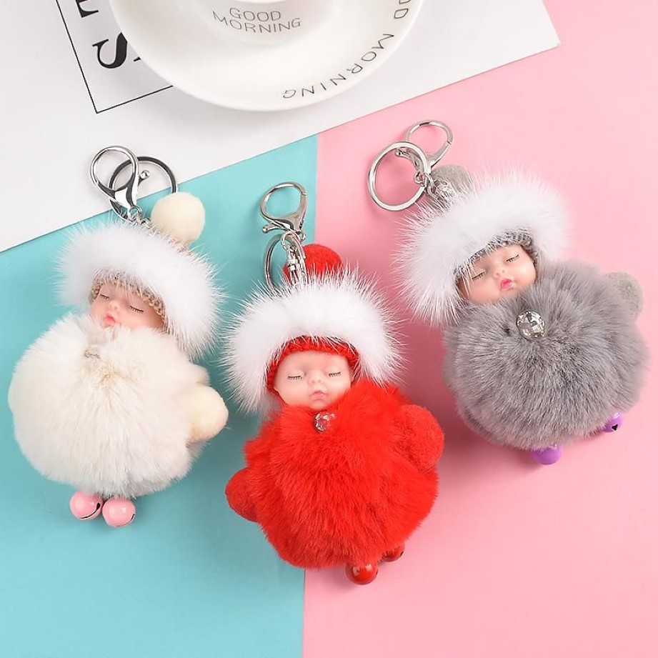 Keychains Pompom Sleeping Baby Keychain Cute Fluffy Plush Doll Women Girl Bag Keyrings Cars Key Ring Jewelry Gift Porte Clef1210t