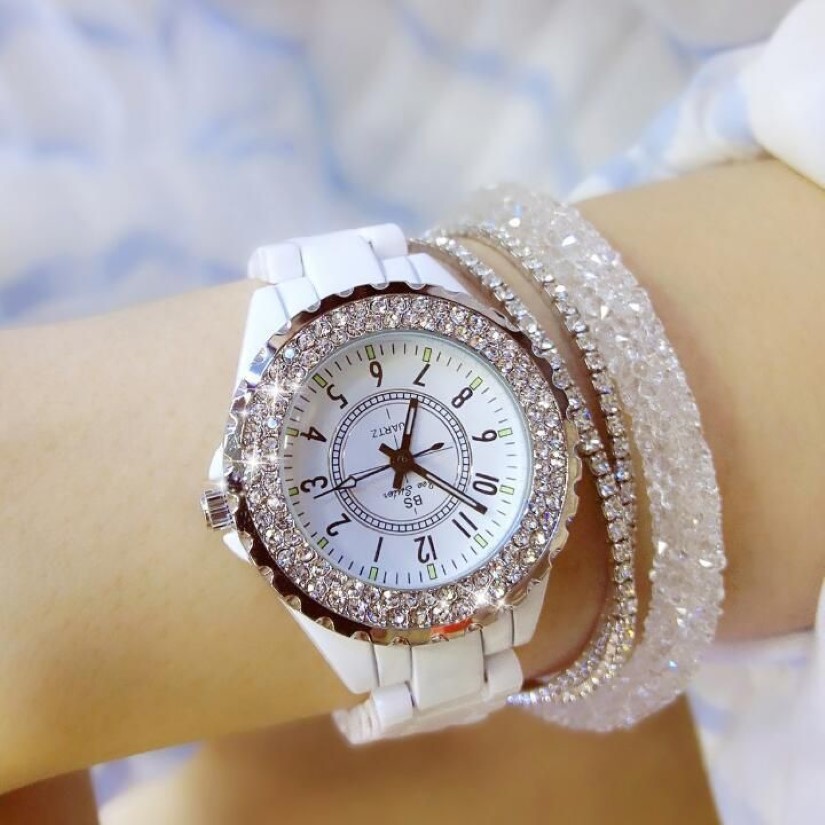 2018 Summer Women Rhinestone Watches Lady Diamond Stone Dress Watch Black White Ceramic Armband Arvur Ladies Crystal Watch C1742