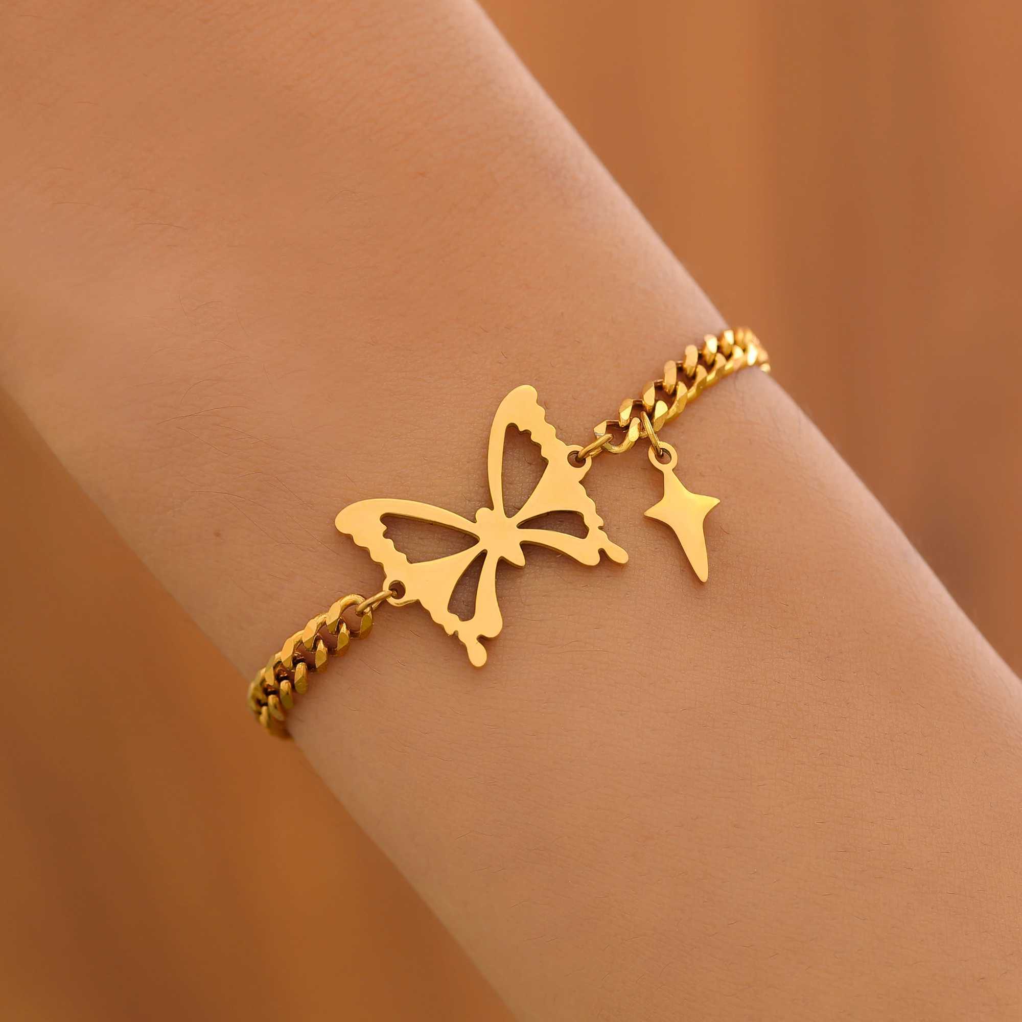 Pulseras de acero inoxidable con cuentas Elegante exquisito hueco de mariposa de mariposa cadena brazalete de moda para mujeres joyas mejores regalos