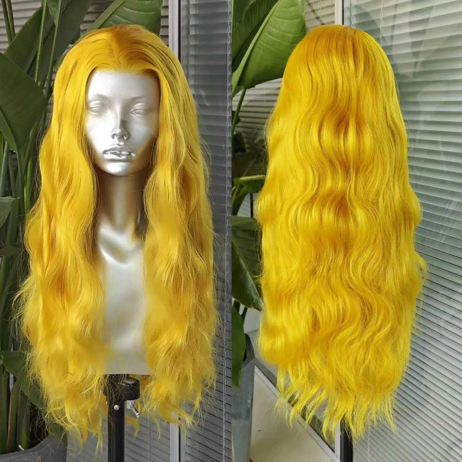 Perucas de cabelo cor amarela onda solta peruca dianteira do laço sintético natural linha fina longo cabelo amarelo parte do meio perucas feminino cosplay uso 240306