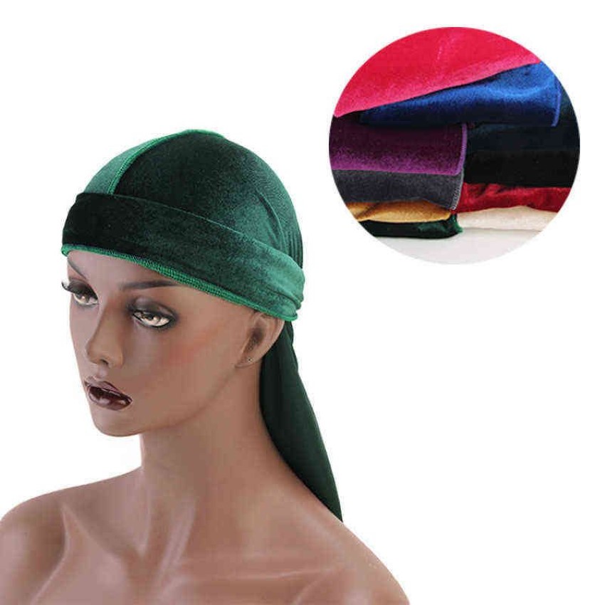 Unisexe Velours Durag Longue Queue et Larges Sangles Vagues pour Hommes Solide Large Doo Rag Bonnet Cap Confortable Chapeau De Couchage Entier Y2111249j