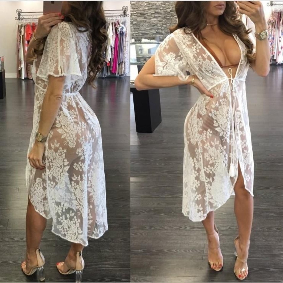 Summer Women Beach Wear Up Long Dress Seksowna brazylijska kardigan koronkowa pusta bikini bluzka stroje kąpielowe Sarongs 274m