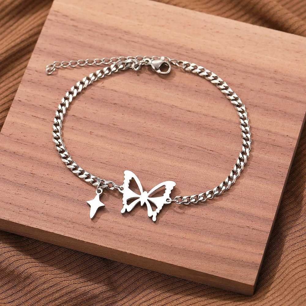 Pulseras de acero inoxidable con cuentas Elegante exquisito hueco de mariposa de mariposa cadena brazalete de moda para mujeres joyas mejores regalos