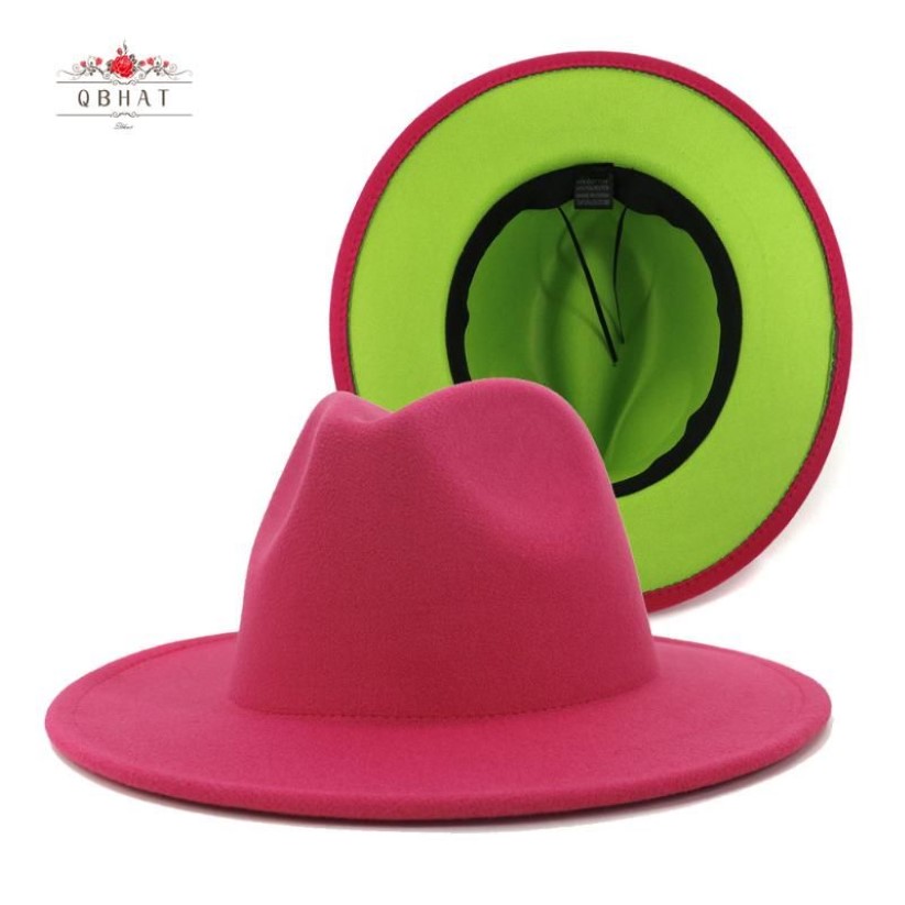 Chapéus de borda mesquinho qbhat rosa e limão verde retalhos lã feltro fedora mulheres grande panamá trilby jazz boné chapéu sombrero mujer235r