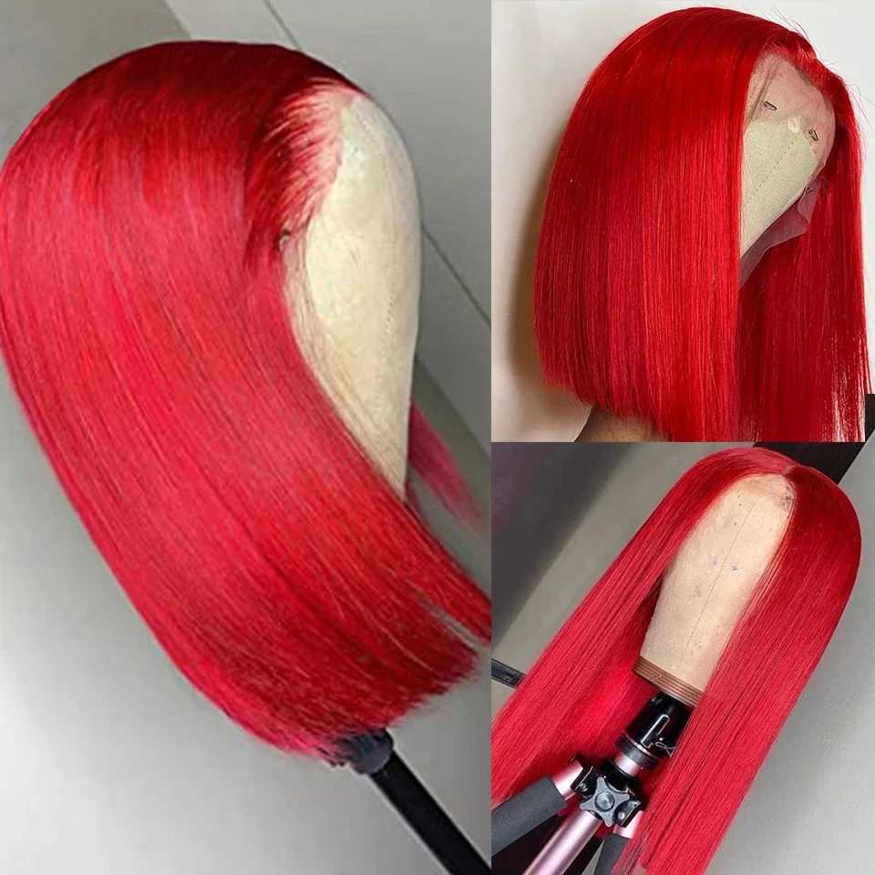 Perucas de cabelo vermelho frente do laço perucas de cabelo humano para mulheres transparente rendas em linha reta perucas curtas quente vermelho bob peruca brasileiro remy cabelo pré arrancado 240306