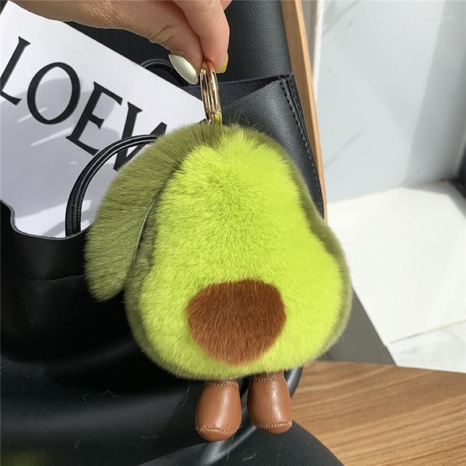 Schlüsselanhänger Flauschige süße Avocado Ornamente Rex Pelz Schlüsselbund Frauen Tasche Anhänger Weiche Frucht Puppe Spielzeug Auto Schlüssel Metall Ring Mädchen Geschenk288w