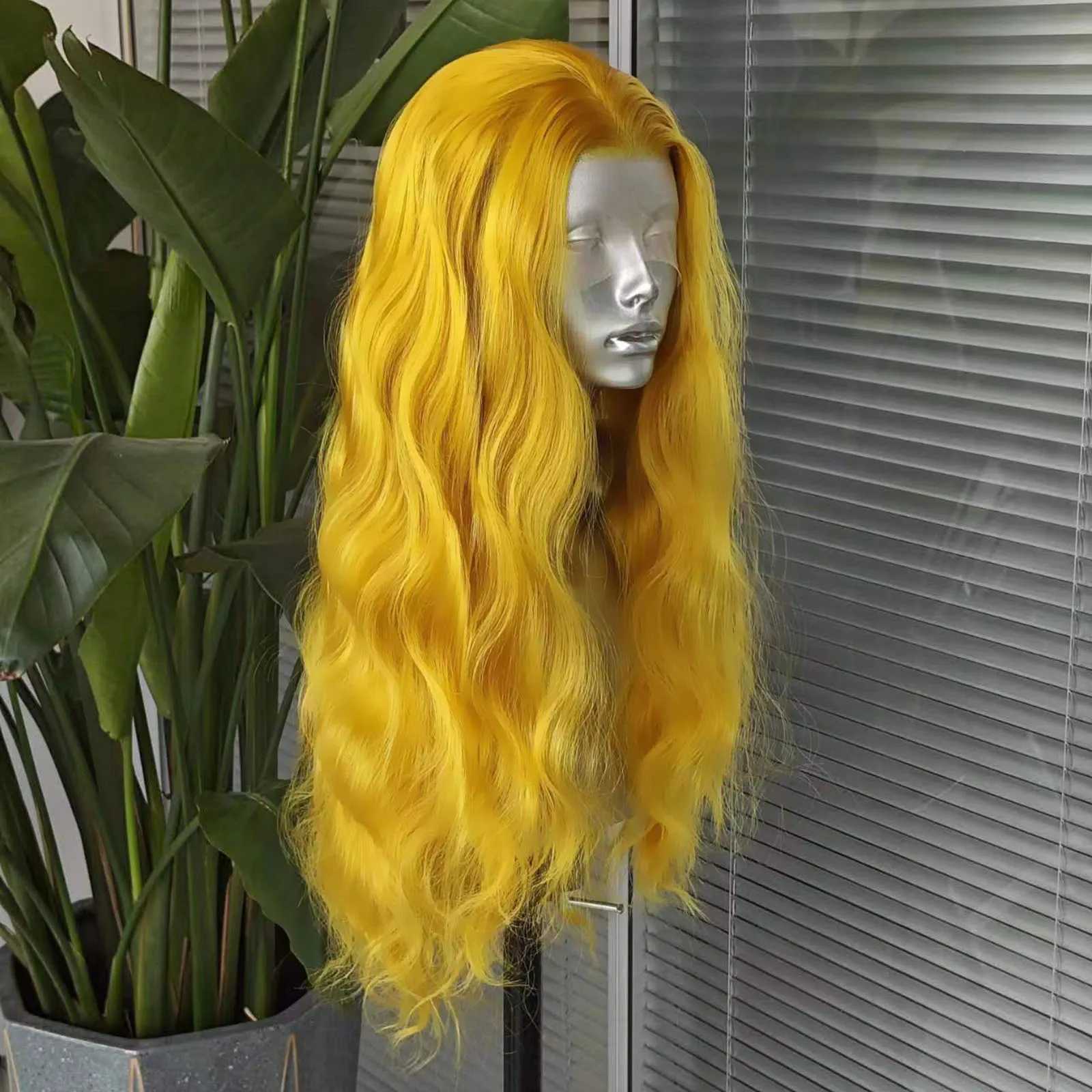 Perucas de cabelo cor amarela onda solta peruca dianteira do laço sintético natural linha fina longo cabelo amarelo parte do meio perucas feminino cosplay uso 240306