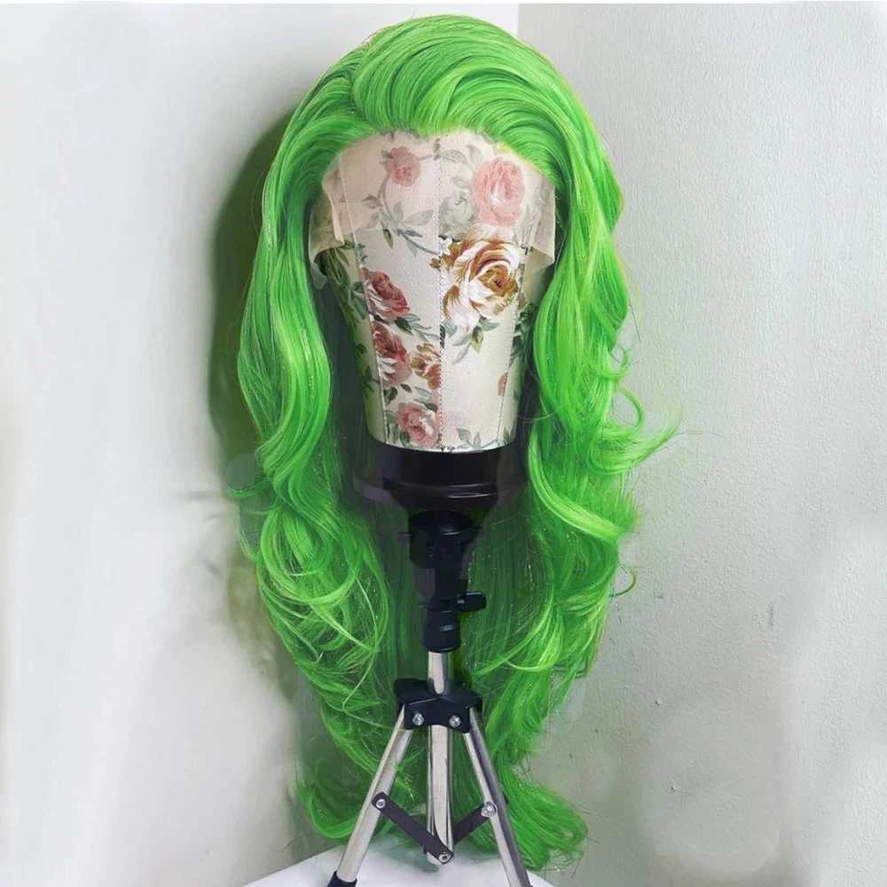 Perucas de cabelo cor verde onda solta peruca dianteira do laço sintético longo ondulado cabelo fibra de calor parte livre perucas sem cola para mulheres cosplay 240306
