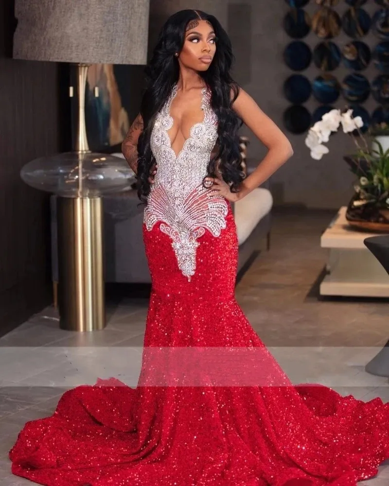 Sexy Glitter Red Mermaid Prom Dresses 2023 Luxury Sheer Neck Crystal Sequins Birthday Party Gowns Homecoming Robe De Bal