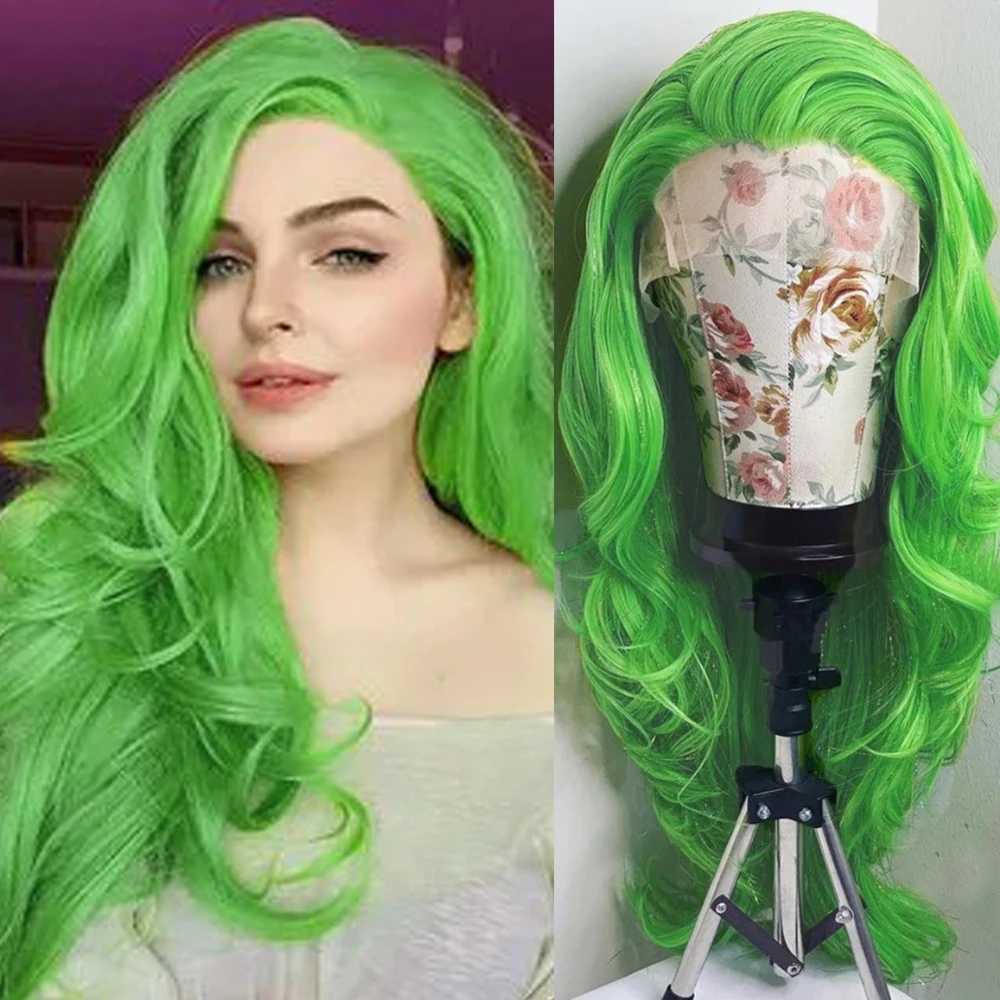 Perucas de cabelo cor verde onda solta peruca dianteira do laço sintético longo ondulado cabelo fibra de calor parte livre perucas sem cola para mulheres cosplay 240306