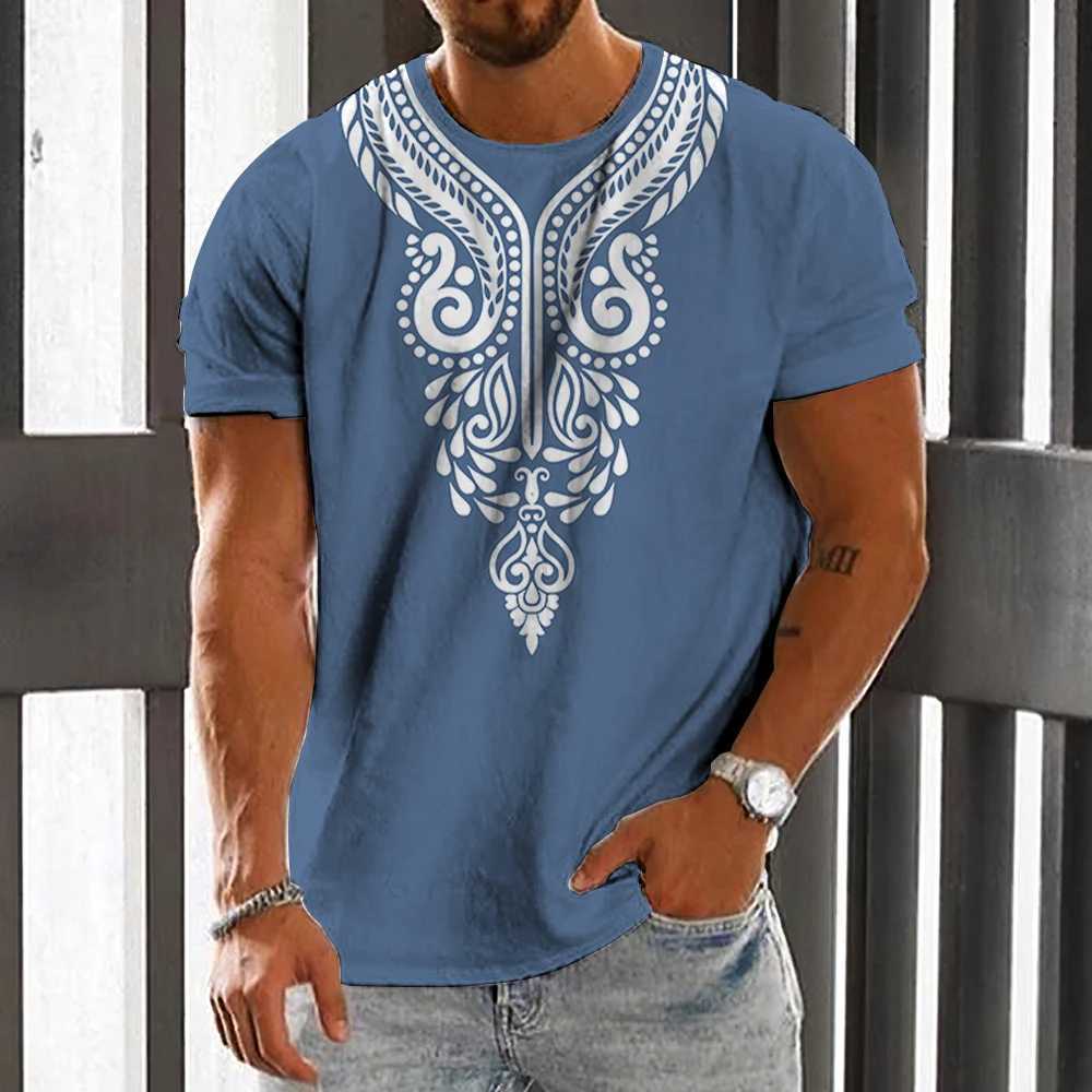 Homens camisetas Vintage Mens T-shirt Étnica Impressão Casual Manga Curta Verão Redondo Pescoço Streetwear Masculino Solto Moletom Respirável Homens Roupas L2402