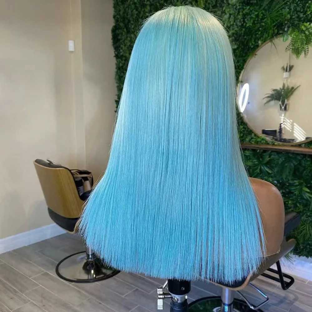 Hair Wigs Natural Silk Straight Sky Blue Synthetic Lace Front Wig with Bangs Blue Hair Heat Resistant Fiber Cosplay Daily Wigs 240306