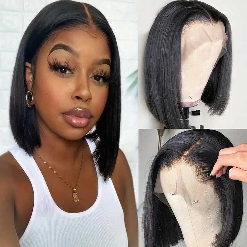 Perucas de cabelo 3D Glueless 13x4 Lace Front Bob Peruca HD Transparente Lace Frontal Perucas de Cabelo Humano Pré Arrancado Cabelo Do Bebê Curto T Parte Osso Bob Perucas 240306