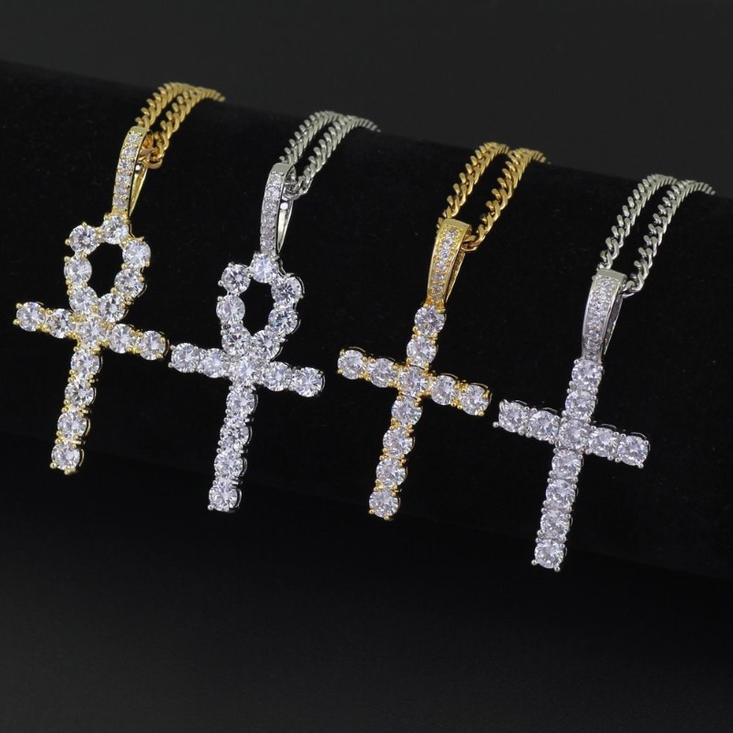 Collier pendentif glacé pour hommes, en or, Hip Hop, croix Anka, bijoux avec chaîne à maillons cubains de 3mm, 324r