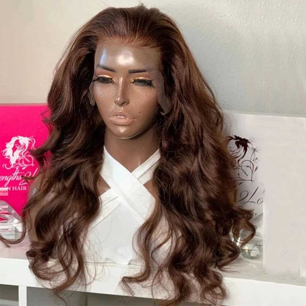 Hair Wigs Brown Color Body Wave Synthetic Wig Long Hair Natural Wavy Preplucke Fiber Lace Front Wig for Women Cosplay Daily Use 240306