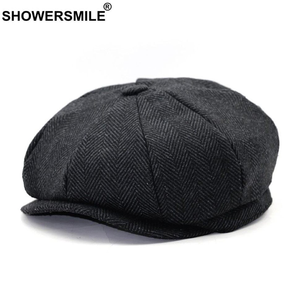 SHOWERSMILE Black Grey Wool Hat Man Newsboy Caps Herringbone Tweed Warm Winter Octagonal Hat Male Female Gatsby Retro Flat Caps S1264l