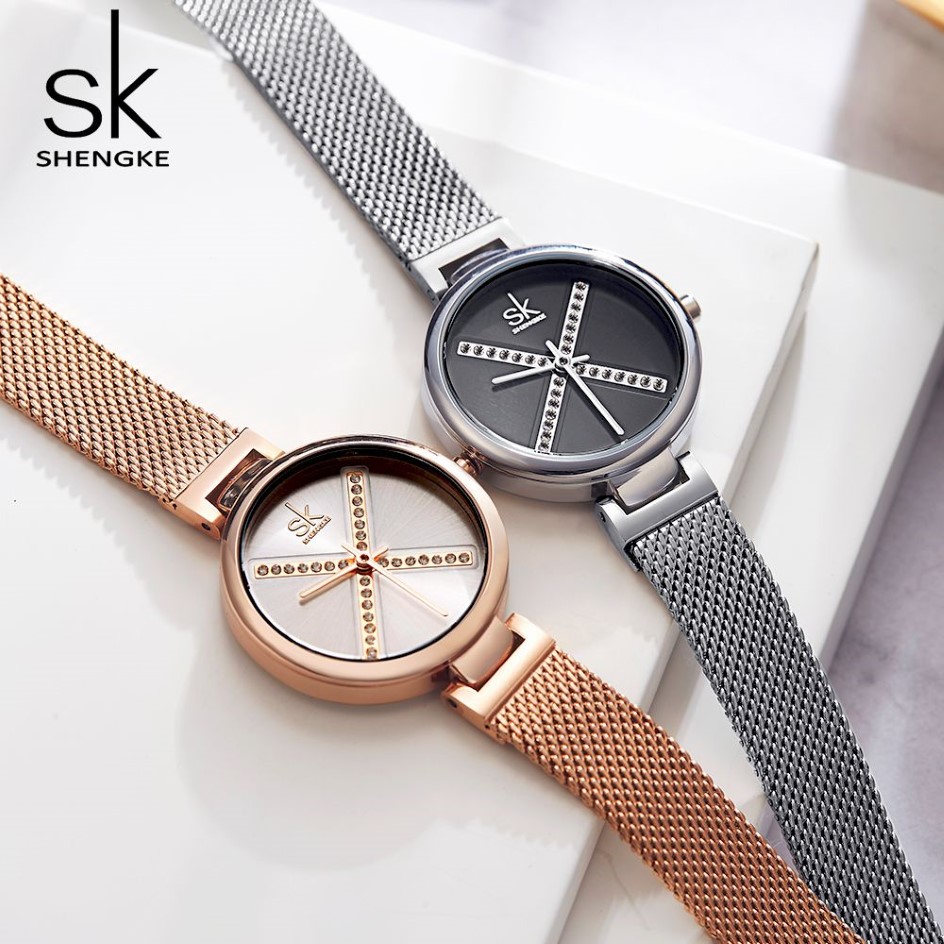 cwp Shengke Crystal Watch Women Waterproof Rose Gold Steel Strap Ladies Wrist Watches Top Brand Meshband Clock Relogio Feminino285D