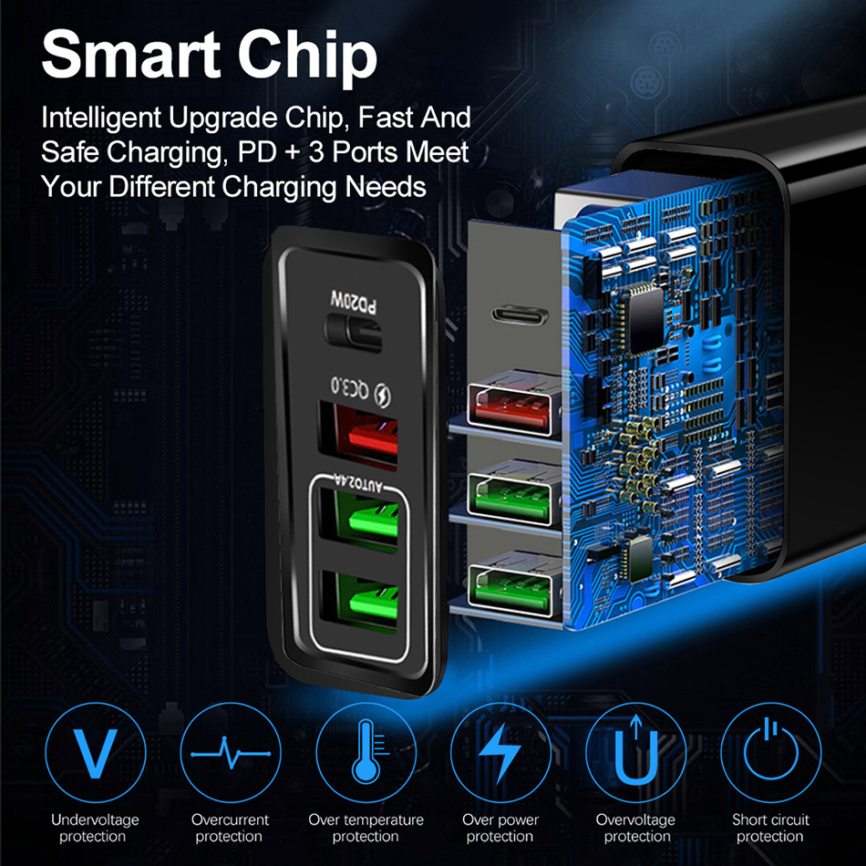 36W 4 Port Type C Snabbladdning 3.0 EU UK US 3 USB PD Fast Charging Mobiltelefonladdare för iPhone Samsung Xiaomi Huawei