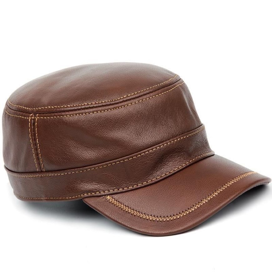 Casquette de Baseball et de Golf en cuir véritable pour hommes, chapeau militaire de marque avec rabat d'oreille, marron et noir, à large bord, 266F