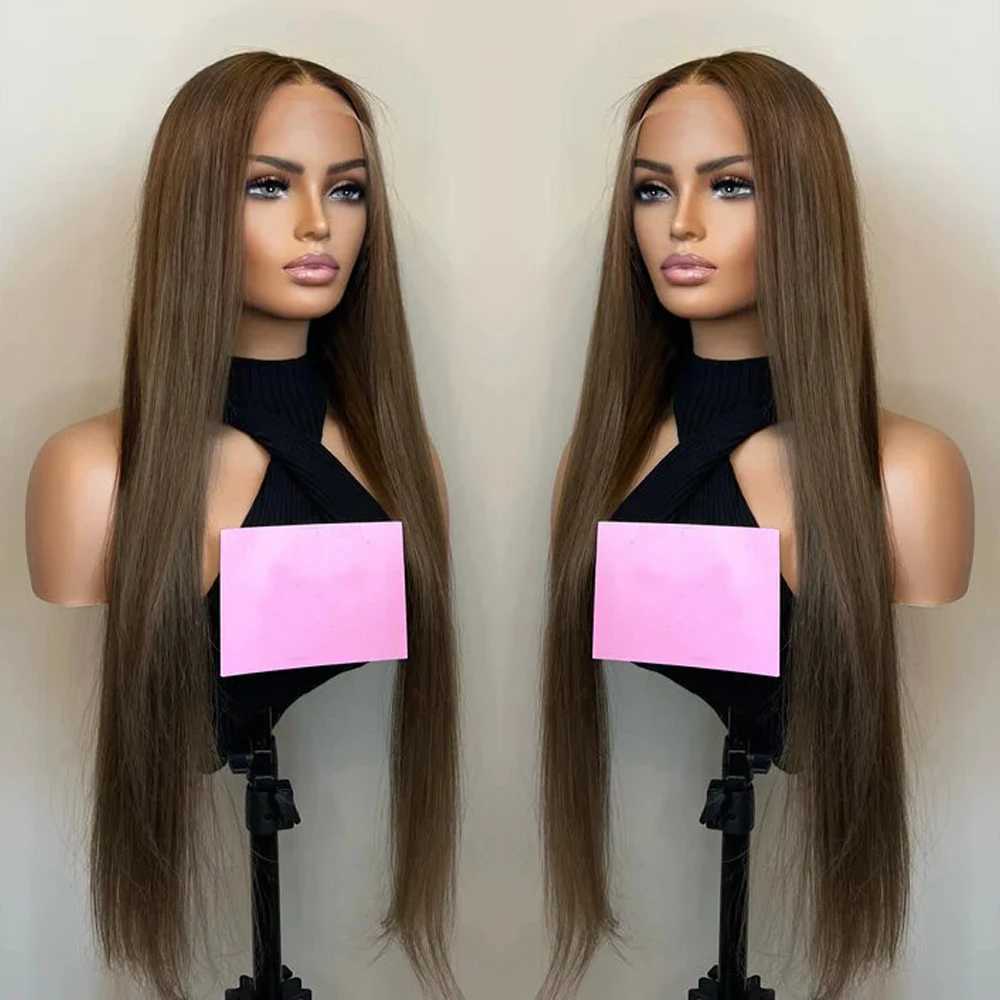 Hair Wigs Toffee Brown Body Wave Synthetic Wig Long Straight Natural Hairline Glueless Lace Front Wigs Makeup Cosplay Women Use 240306
