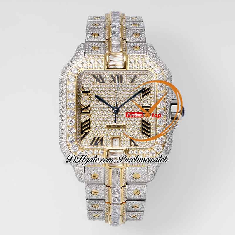 40 mm XL personnalisé pavé de diamants A2824 montre automatique pour homme TWF deux tons or jaune diamants taille baguette cadran romain bracelet en acier glacé Super édition Puretime