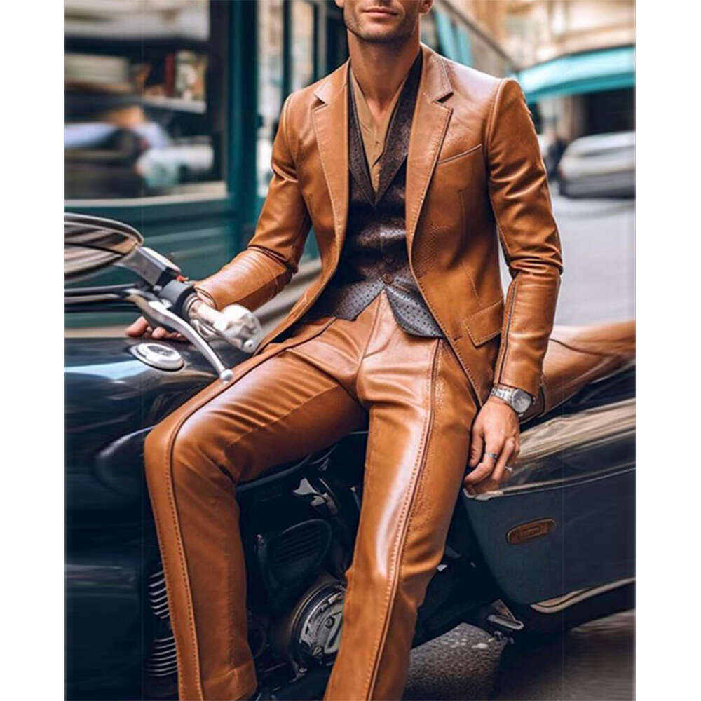 Hommes coupe ajustée Blazer pantalon 2 pièces ensemble contraste garniture cran revers veste en cuir PU homme d'affaires décontracté costume de bal Style Moto