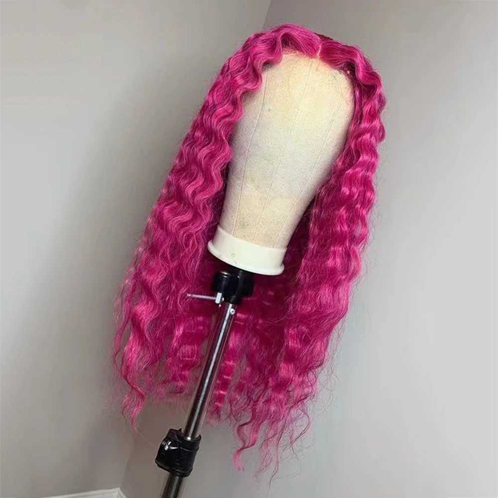 Parrucche capelli Parrucche anteriori in pizzo sintetico con onda blu Parrucche lunghe e ondulate dall'aspetto naturale Parrucca in fibra senza colla donne Uso cosplay Capelli neri rosa 240306