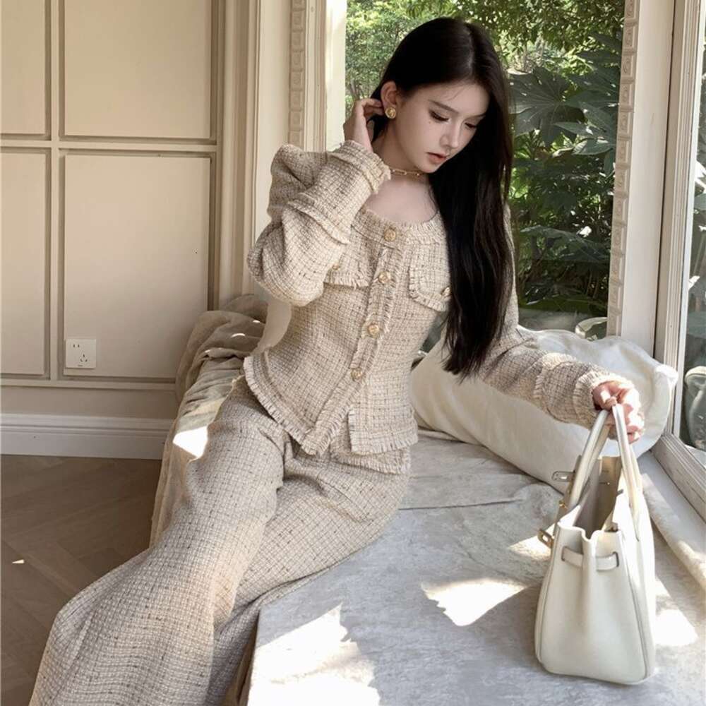 Womens Pants Suits Elegant Two Piece Set Slim Tweed Outfits High Waist Long Trousers square Collar Cropped Coat Female