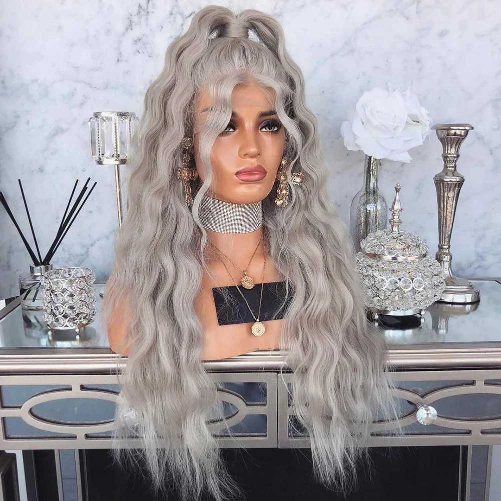 Perruques de cheveux Argent Gris Perruque Synthétique Délié Naturel Vague D'eau Cheveux Longs Avant de Lacet Perruques Femmes Cosplay Sans Colle Maquillage Utiliser Cheveux 240306