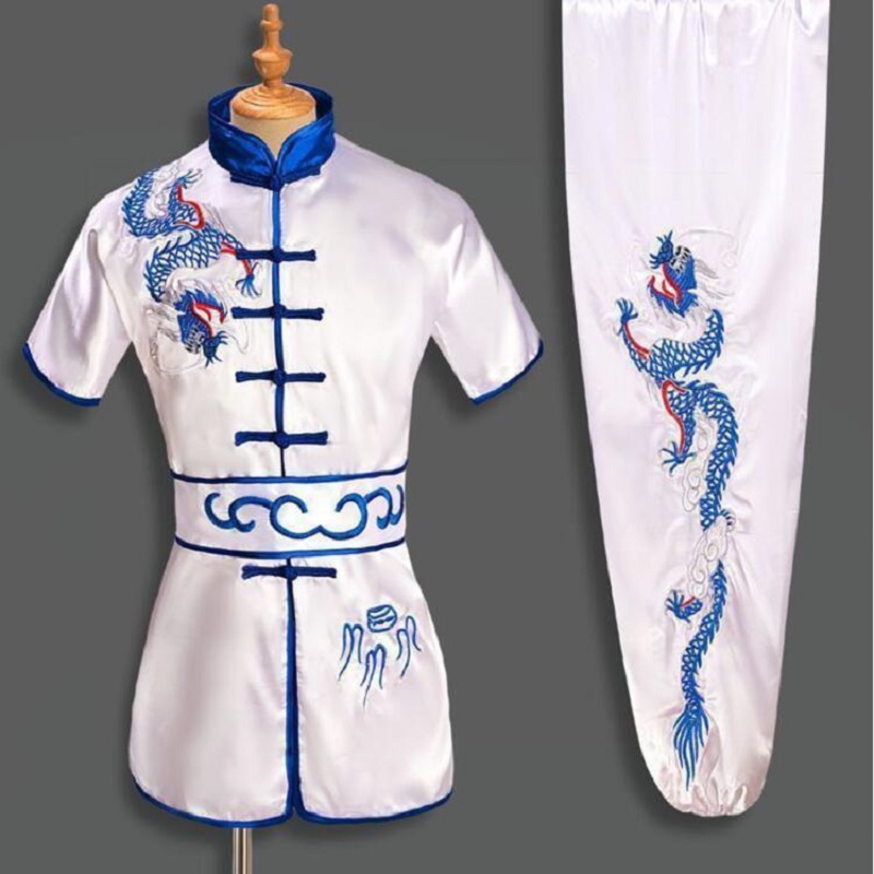 Remise Chaude Costume de Kung Fu Dragon brodé pour hommes et femmes, nouveau Style chinois, uniforme Tai chi Wushu, Sport de plein air, ensembles veste et pantalon à manches courtes