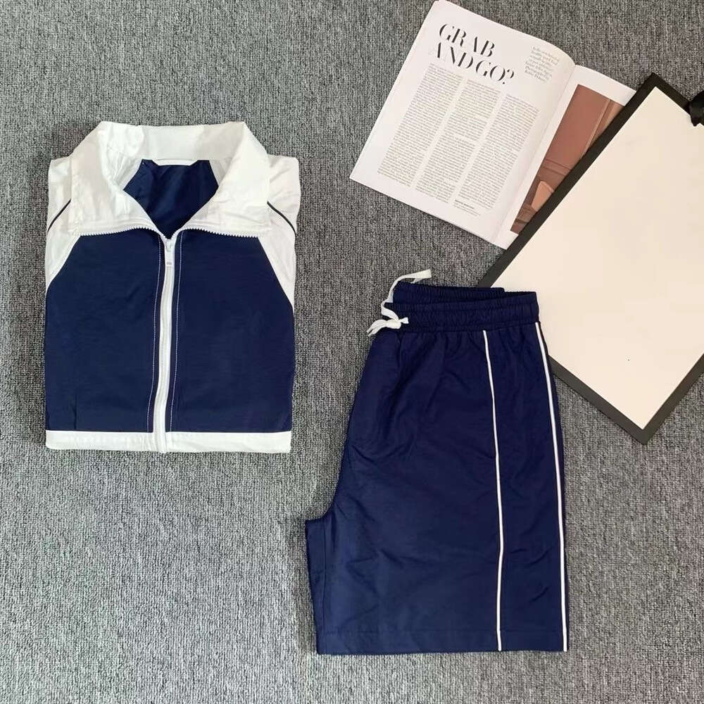 Blue and White Sports Suit Plus Size Unisex Shorts Windbreaker Zipper Stand Collar Print FZ0306220