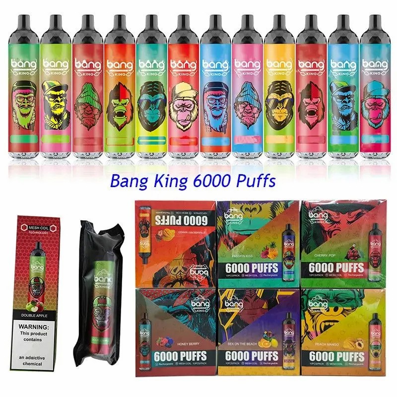 Bang King Puff 6000 Originele 6K Bladerdeeg Wegwerp 24 smaken E-sigaretten Mesh Coil 0,8 ohm 14 ml Pod Batterij Oplaadbare elektronische sigaretten Bladerdeeg 0% 2% 3% 5% VS UZY Vape Pen Kit XXL