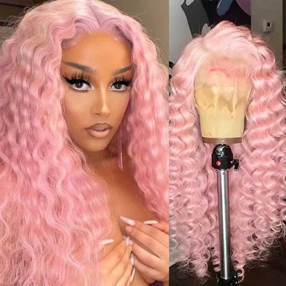 Hår peruker ljusrosa djupvåg spetsar front peruker gratis del lång curl wavy värme fiber syntetisk peruk makeup cosplay svarta kvinnor använder 240306