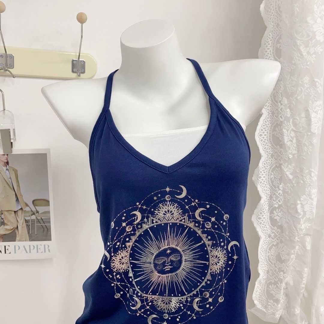 Basic Casual Dresses Foreign trade retro spicy girl constellation moon sun print cross strap vest millennium summer sleeveless 1210