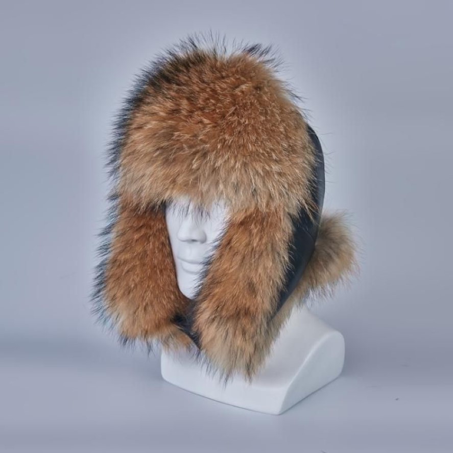 Chapeaux ushanka russes en vraie fourrure de raton laveur, chapeau de trappeur, oreillettes pour hommes, fourrure en argent véritable, casquette d'hiver russe en cuir véritable H2103122