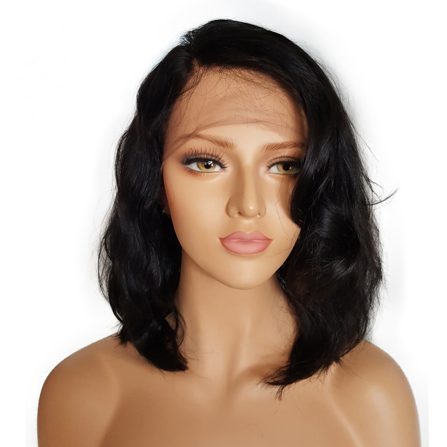 Бразильские человеческие волосы, парик боб, боковая часть с челкой, многослойная тонкая бесклеевая прическа на кружеве HD для белых женщин, натуральный черный, 130% плотность, 10 дюймов