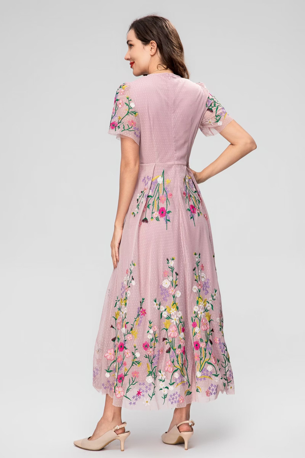 Robe longue brodée à imprimé Floral pour femmes, col ras du cou, fermeture éclair, manches courtes, décontractée, été, 2024, AS068