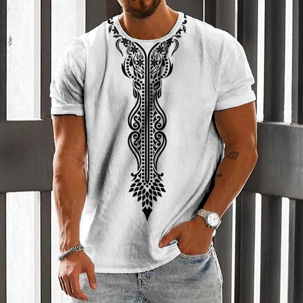 Homens camisetas Vintage Mens T-shirt Étnica Impressão Casual Manga Curta Verão Redondo Pescoço Streetwear Masculino Solto Moletom Respirável Homens Roupas L2402