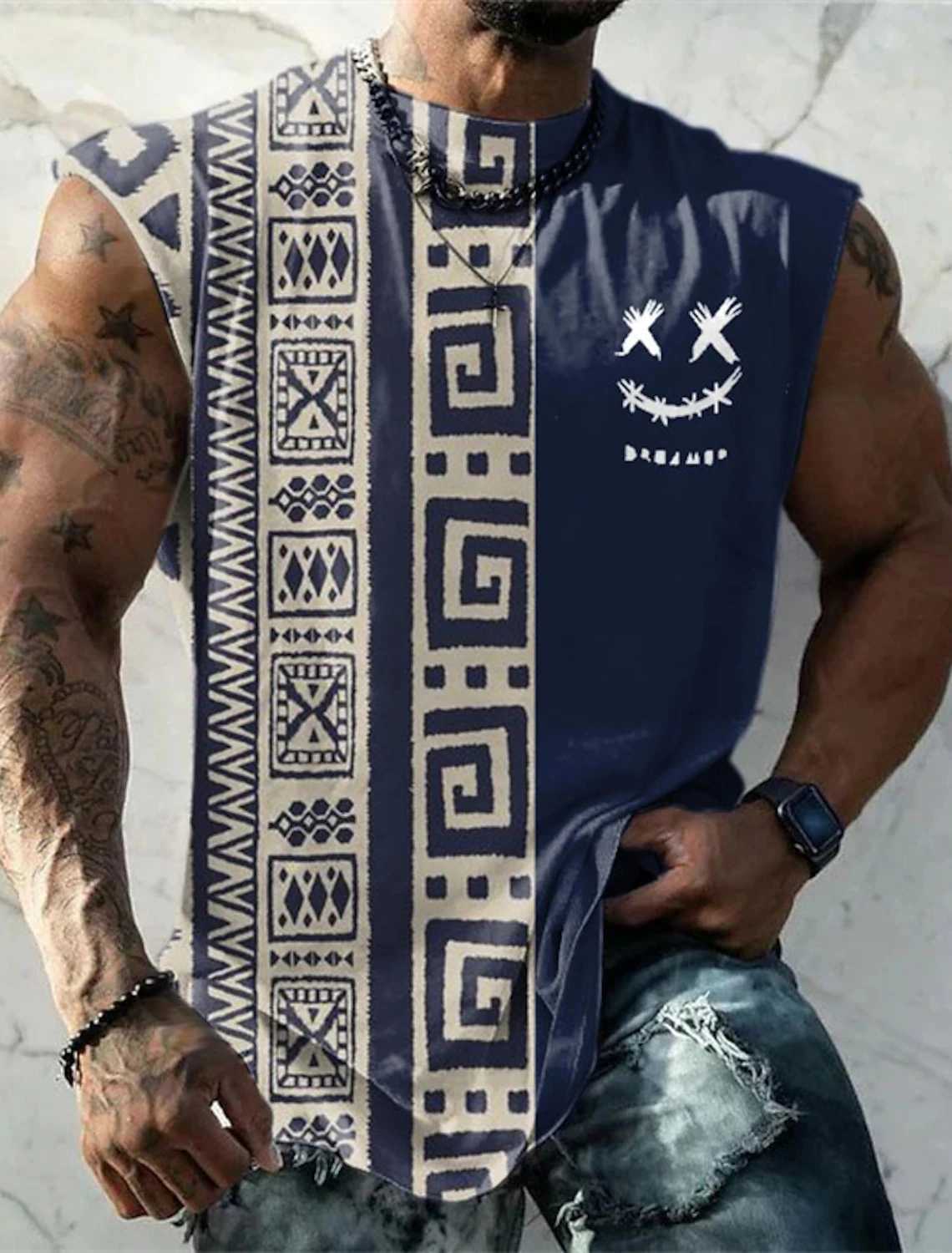 Herren T-Shirts Sommer Neue Herren Weste T-Shirt Gemusterte Tribal Rundhals Kleidung Tägliche Fitness Sport Vintage Ärmellos Bedruckte Ethnische TopsL2402