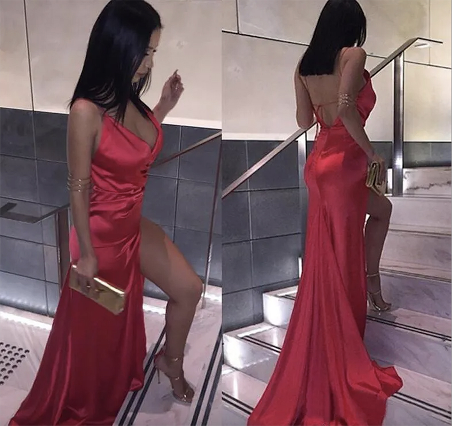 2024 African Cheap Sexy Backless Red high Split Evening Party Dresses Sheath V Neck Plain Simple Satin Long Prom Gowns custom made