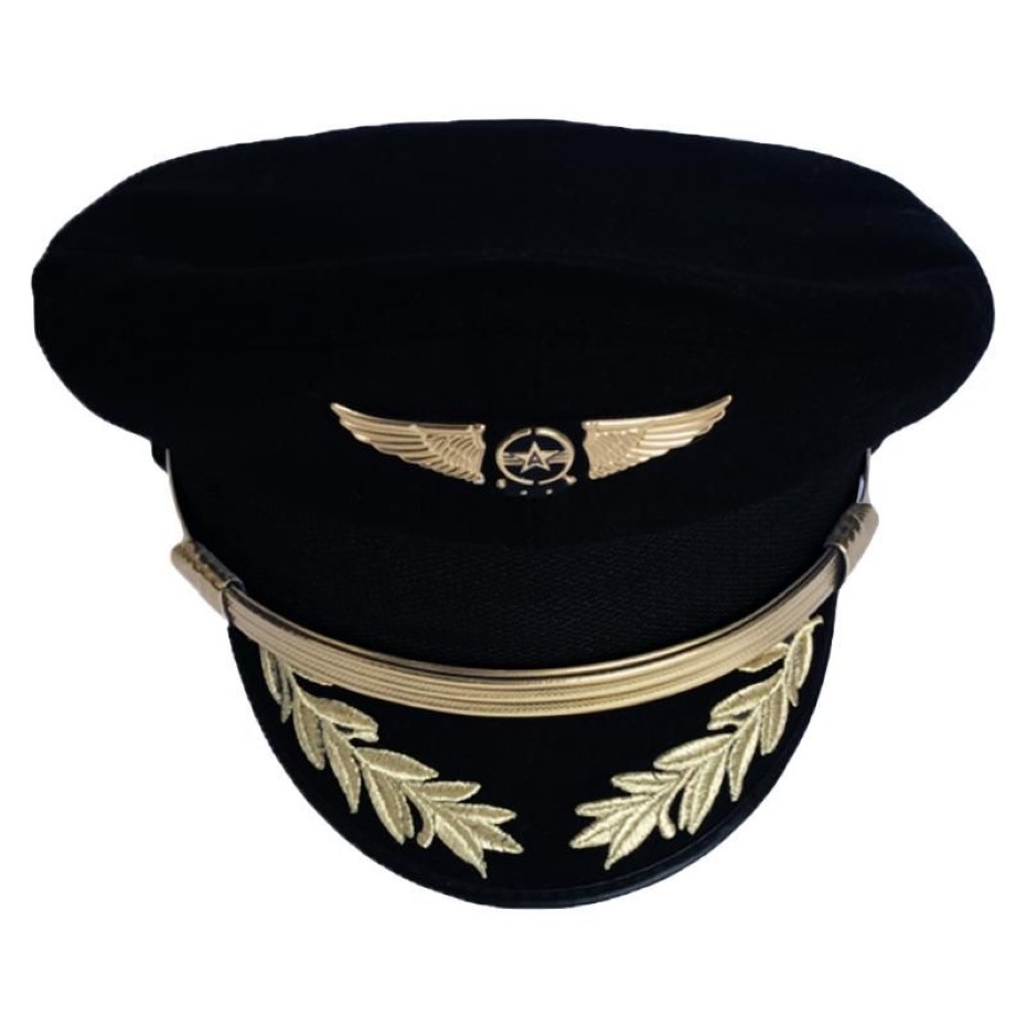 Özel Lüks Pilot Cap Havayolu Kaptan Şapka Üniforma Cadılar Bayramı Partisi Yetişkin Erkekler Askeri Şapkalar Kadınlar İçin Siyah Brim1744