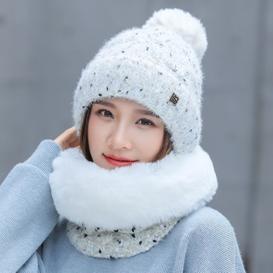 Chapéu de floco de neve adorável de pontos doces de malha e cachecol de pelúcia de vison 2 peças conjunto de chapéus femininos de inverno grossos e quentes gorros femininos 2130