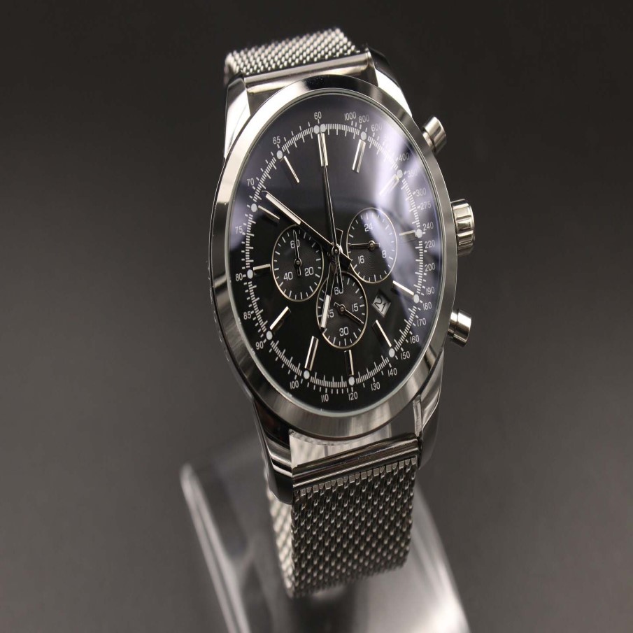 PC man quartz watch stainless steel black dial silver case 1884 Six pin multi function 46mm2348