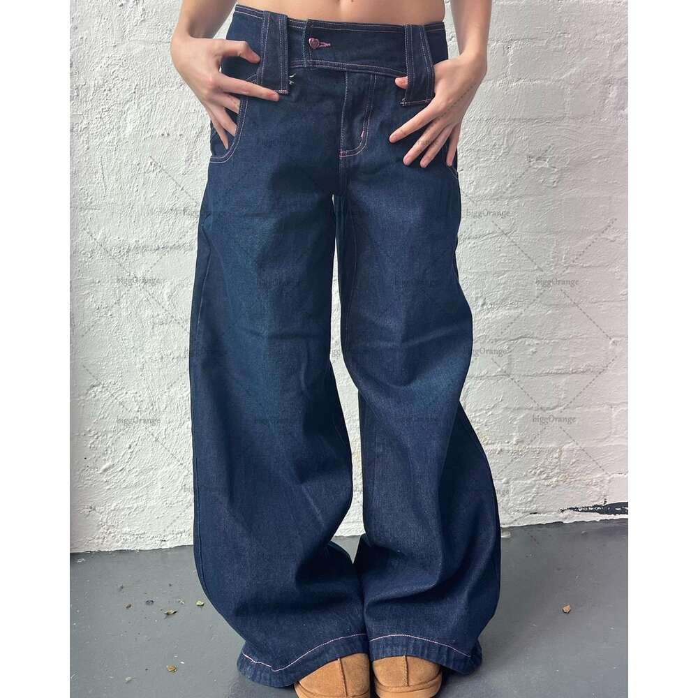 Einfache 2024 neue amerikanische 90er Jahre Low-Rise-Jeans Damen Vintage bestickte Schleife Muster Street Trend gerade Hose mit weitem Bein